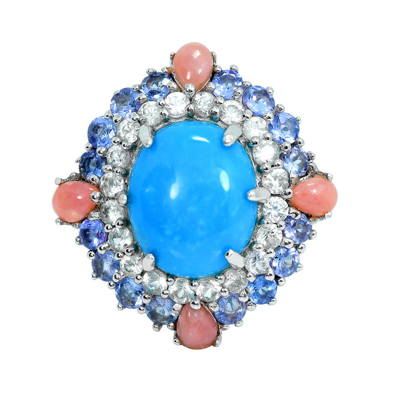 5.5CTS  Kingman Turquoise, Pink Opal, Tanzanite & White Sapphire Multi Gemstone Ring