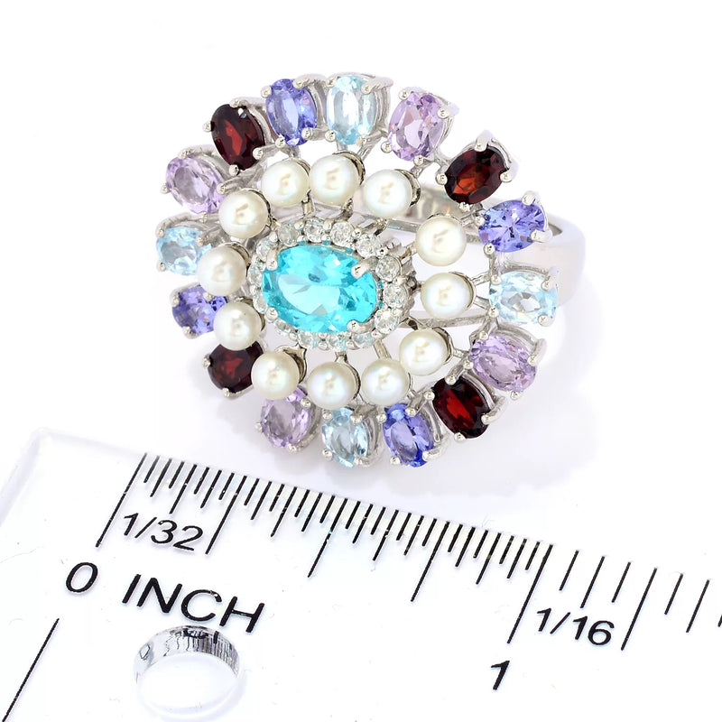 Blue Zircon, Cultured Pearl & Multi Gemstone Ring Sterling Silver