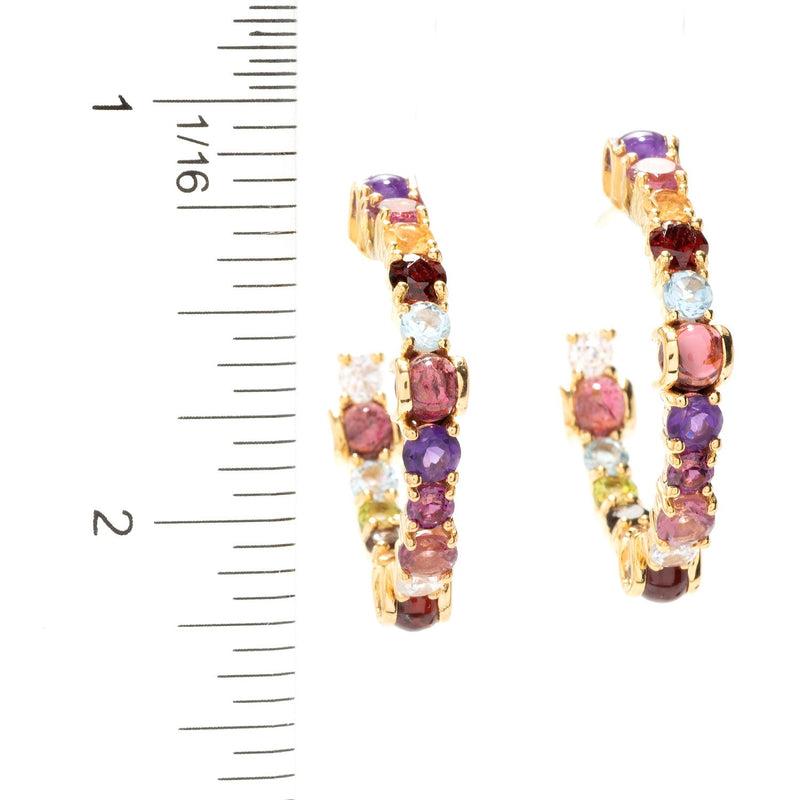 14K Vermeil 1" Multi Gemstone Mixed Cabochon Hoop Earrings