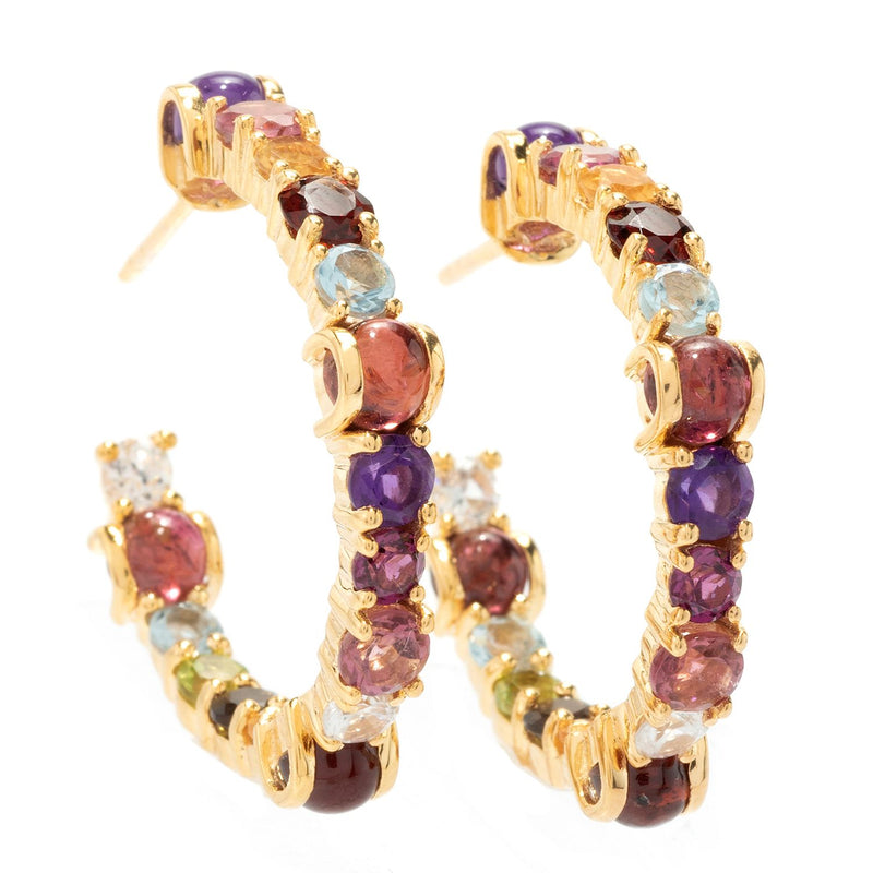 14K Vermeil 1" Multi Gemstone Mixed Cabochon Hoop Earrings