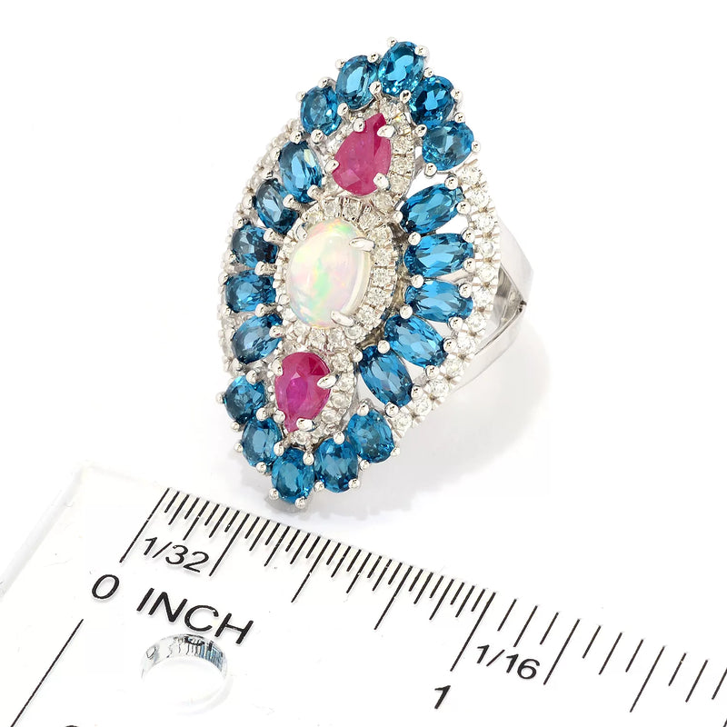 Ethiopian Opal, London Blue Topaz & Ruby Ring Sterling Silver
