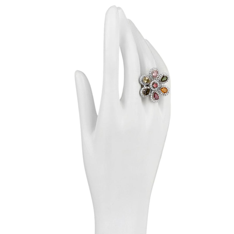 Colors of Tourmaline and White Zircon Sterling Silver Flower Ring