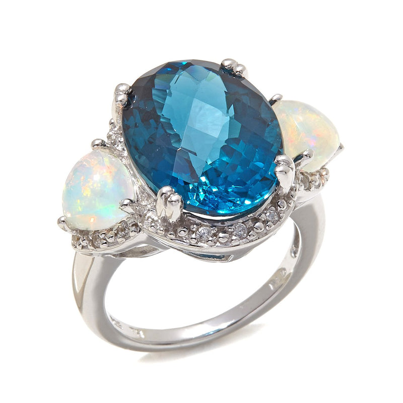 9.7ctw Oval Cut Checker Board London Blue Topaz and Opal Sterling Silver Ring
