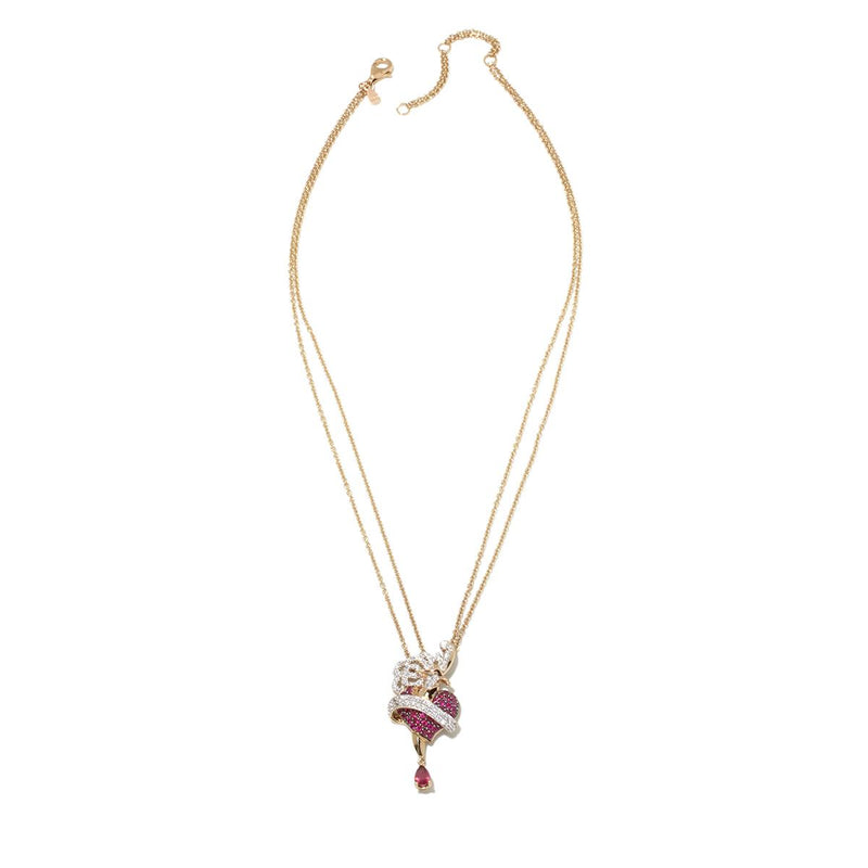 Ruby & White Zircon Gemstone Heart Shape Vermeil Pendant with Double Chain