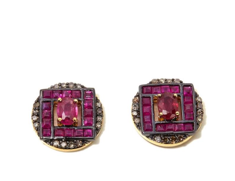2.45ctw Ruby and 0.35ctw Champagne Diamonds Stud Earrings Gold Plated