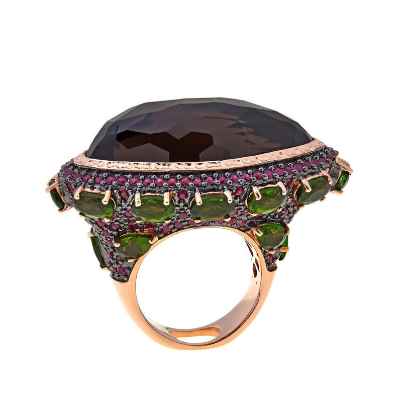 Rose Vermeil Organic Shape Faceted Smokey Quartz, Chrome Diopside & Ruby Ring Sterling Silver