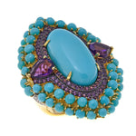 23.55ctw Turquoise, Amethyst and White Zircon Statement Ring Yellow Vermeil Sterling Silver
