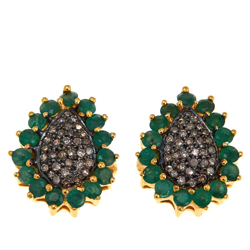 Your Choice Emerald or Ruby with Champagne Diamonds Stud Earrings Gold Plated