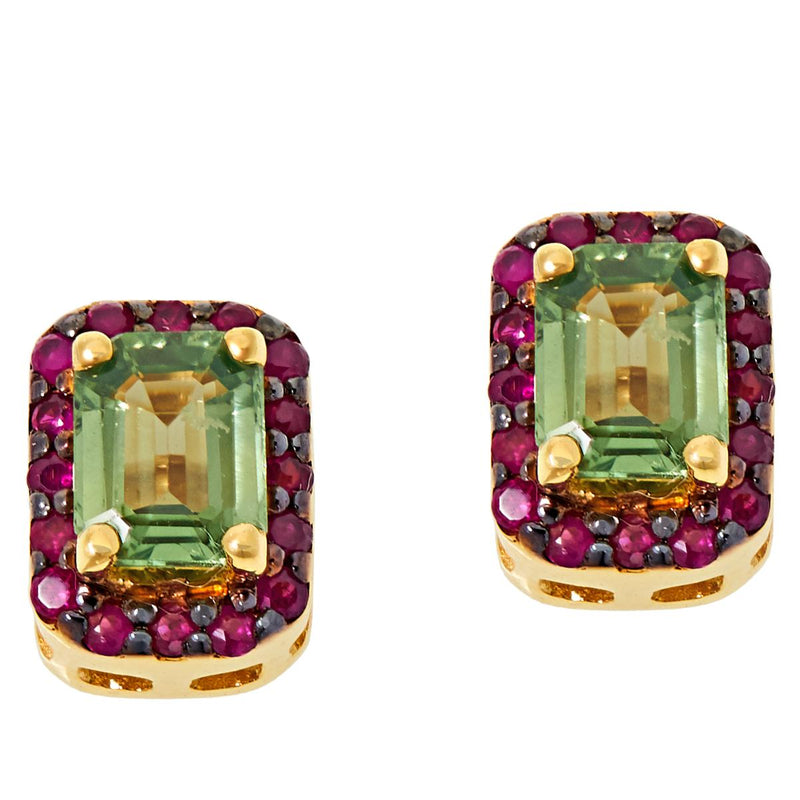 Green Sapphire & Ruby Gemstone Stud Earring Yellow Vermeil