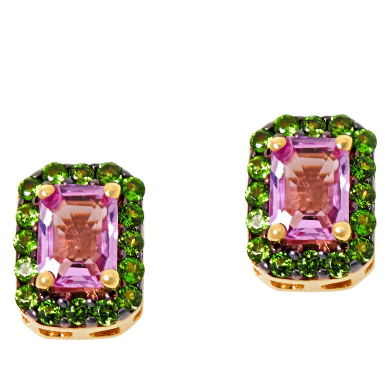 Pink Sapphire & Chrome Diopside Gemstone Stud Earring