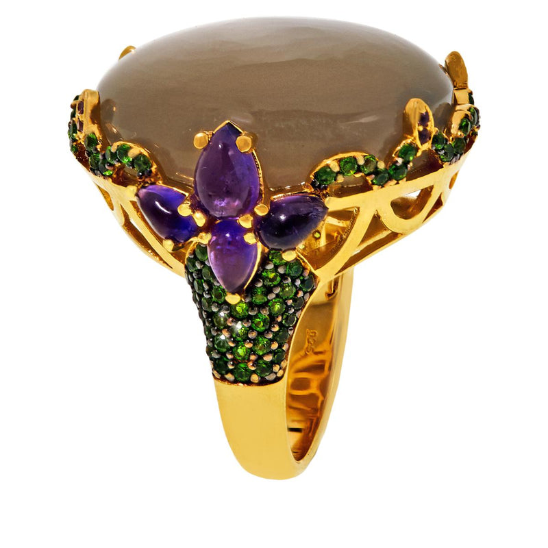 Gray Moonstone Chrome Diopside Amethyst Gemstone Gold Plated Sterling Silver Ring