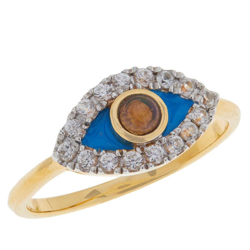 Black Opal and White Zircon Gemstone Evil Eye Gold-Plated Ring Sterling Silver
