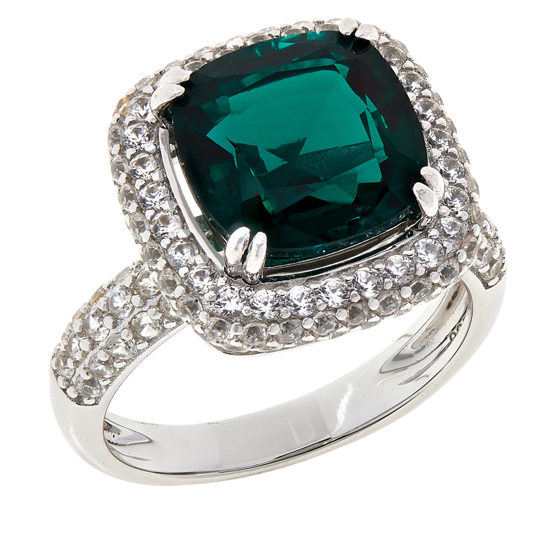 Created Emerald and White Zircon Engagement Ring Sterling Silver