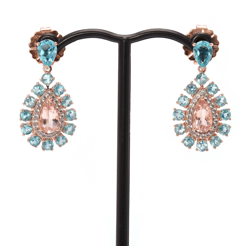 1.25" Morganite, Apatite & Diamond Drop Dangle Earrings 14k Rose Vermeil