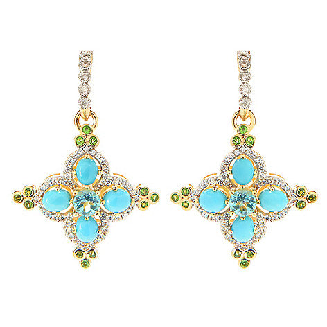 1.5" Turquoise Apatite & Multi Gemstone Flower Earring Yellow Vermeil Sterling Silver