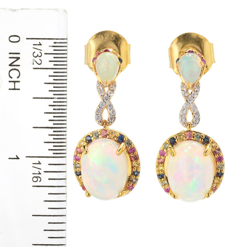 1.25" 14 x 10mm Ethiopian Opal, Multi Sapphire & Gem Drop Earrings Yellow Vermeil Sterling Silver