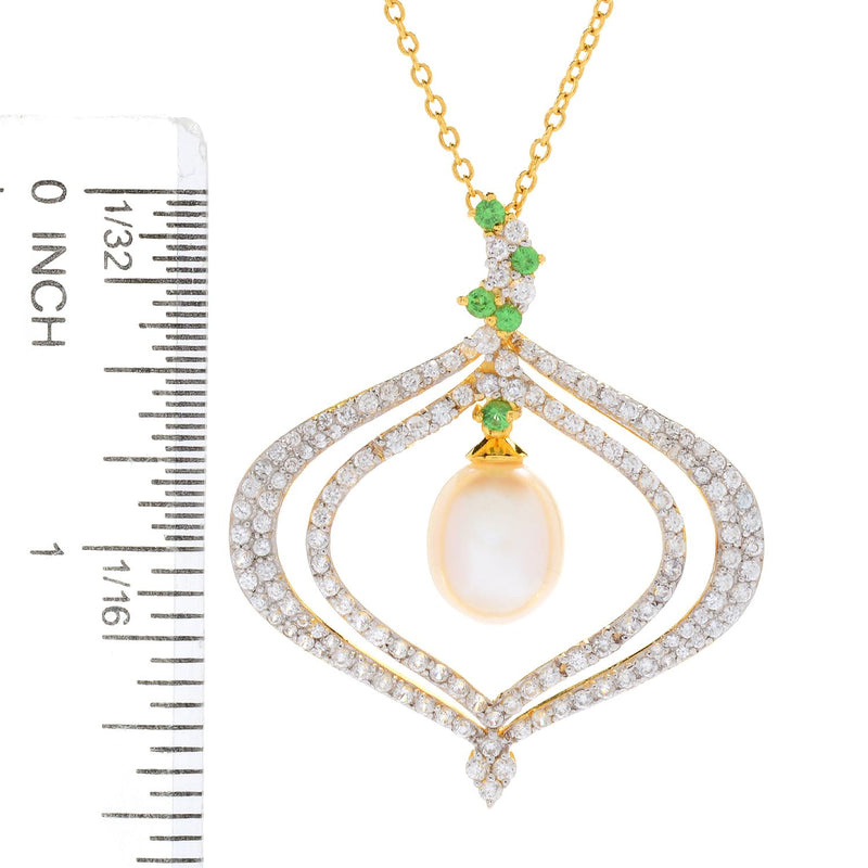 12 x 10mm Cultured Pearl & Multi Gemstone Pendant 18" Chain Sterling Silver