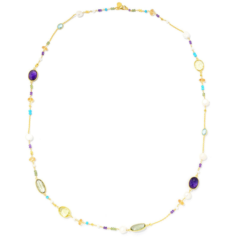 36" Cultured Pearl & Multi Gemstone Station Gold Plated Necklace
