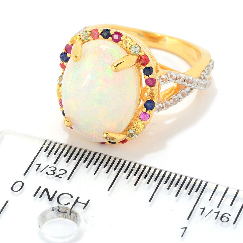 16 x12mm Ethiopian Opal, Multi Sapphire & Zircon Yellow Vermeil Ring Sterling Silver