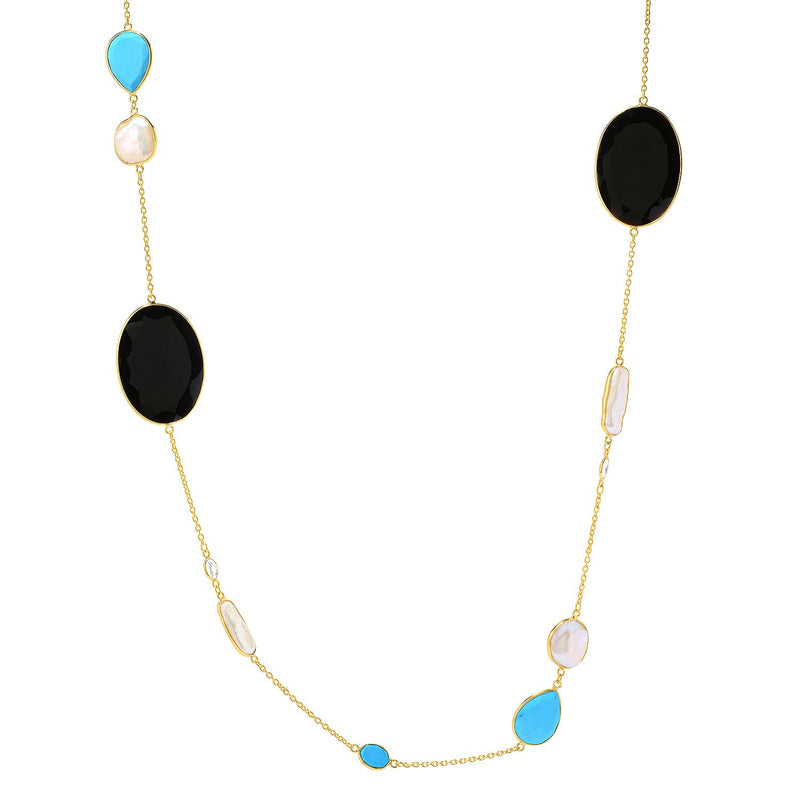 36" Onyx Howlite, Cultured Pearl & White Topaz Gemstone Gold Plated Necklace Sterling Silver