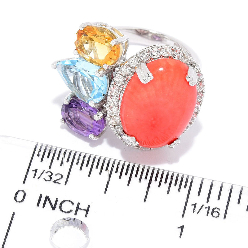 16x12mm Coral & Multi Gemstone Halo Sterling Silver Ring