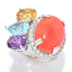 16x12mm Coral & Multi Gemstone Halo Sterling Silver Ring
