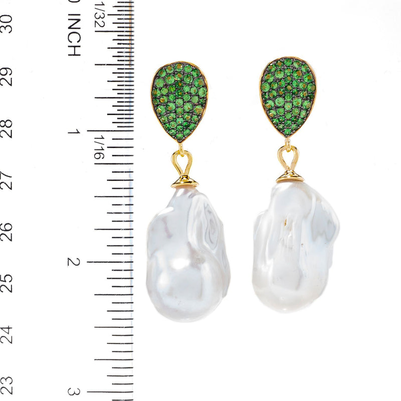 2" Baroque Cultured Pearl & Tsavorite Gemstone Drop Yellow Vermeil Earring