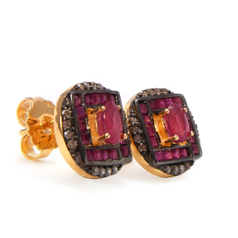 2.45ctw Ruby and 0.35ctw Champagne Diamonds Stud Earrings Gold Plated