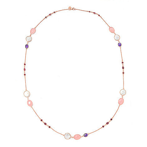 36" Multi Gemstone & Cultured Pearl Station Rose Gold Plated Necklace