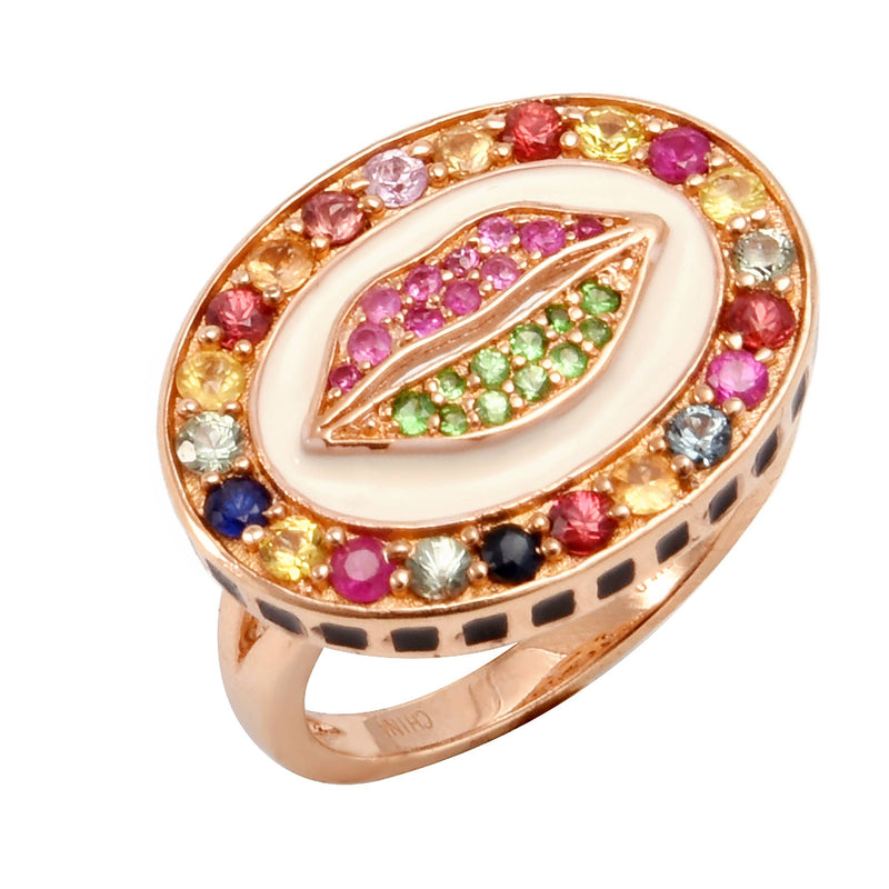 1.35ct Multi Sapphire, Pink Sapphire and Tsavorite White Enamel Lips Rose Vermeil Ring