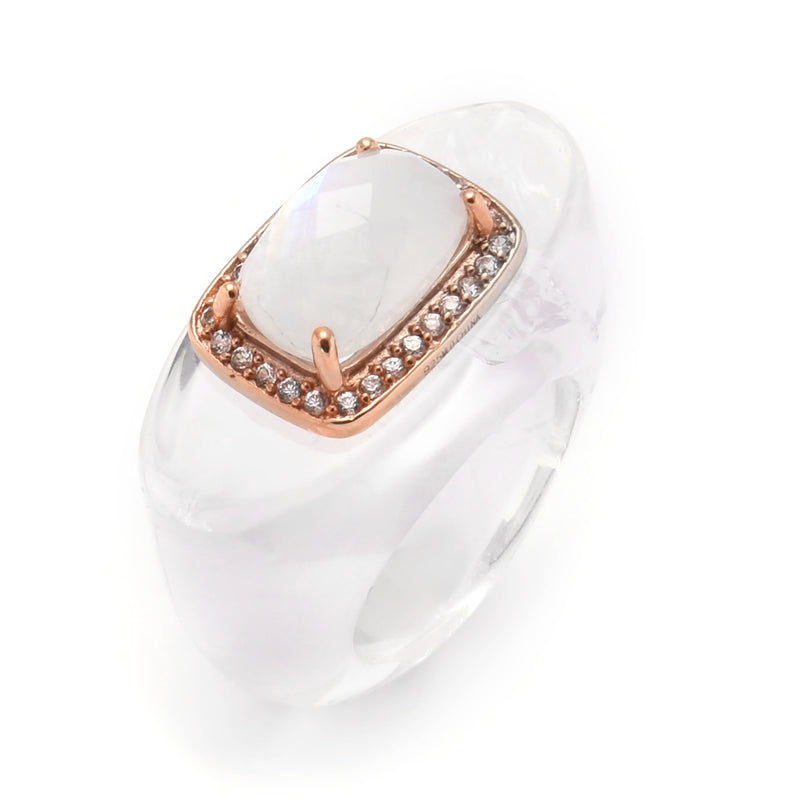 Clear Quartz, Rainbow Moonstone and White Zircon Accents Ring