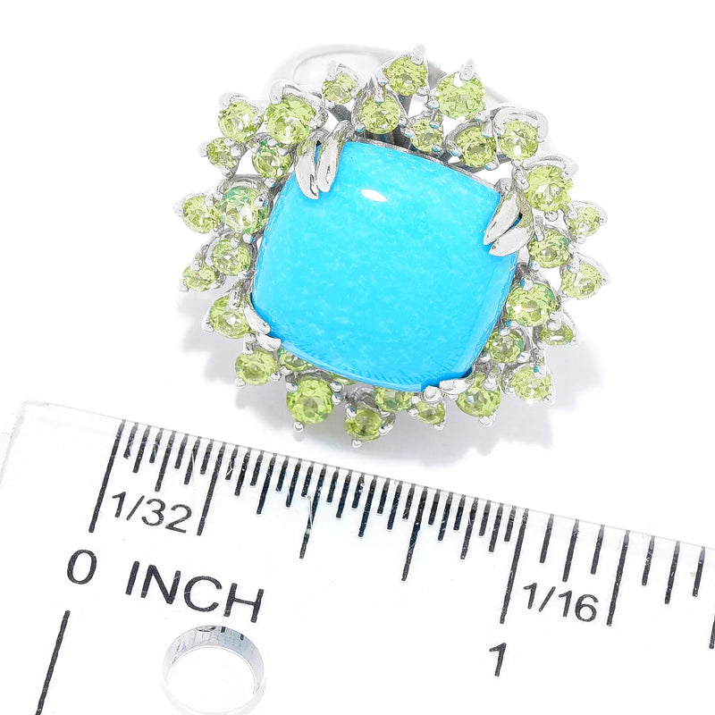 15mm Cushion Arizona Turquoise & Peridot Multi Gemstone Ring Sterling Silver