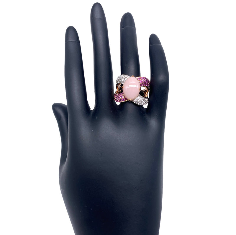 Rose Vermeil 14x9mm Pink Opal, Rhodolite and White Zircon Accents Ring Sterling Silver