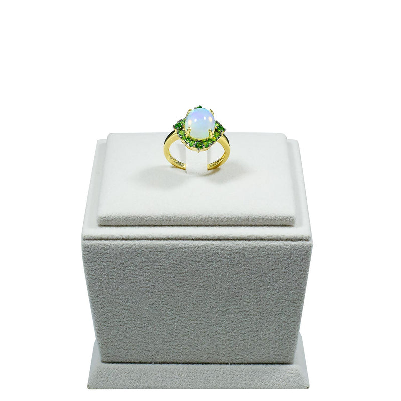 Oval 11x9 Ethiopian Opal and Tsavorite Gemstone Gold Plated Ring