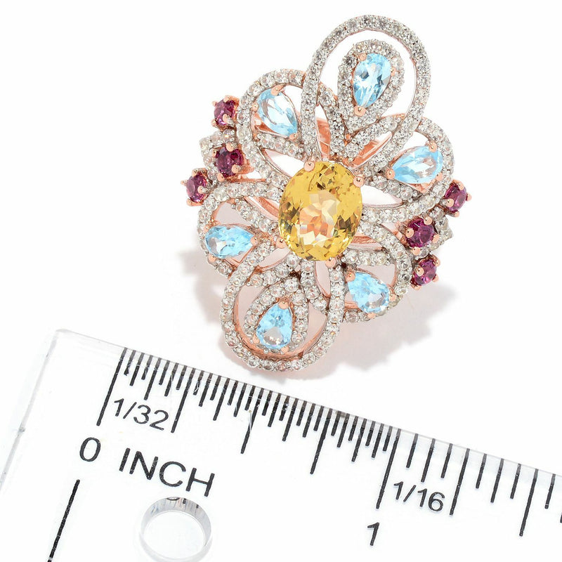 5.84ct Yellow Beryl & Multi Gemstone Flower Ring Sterling Silver