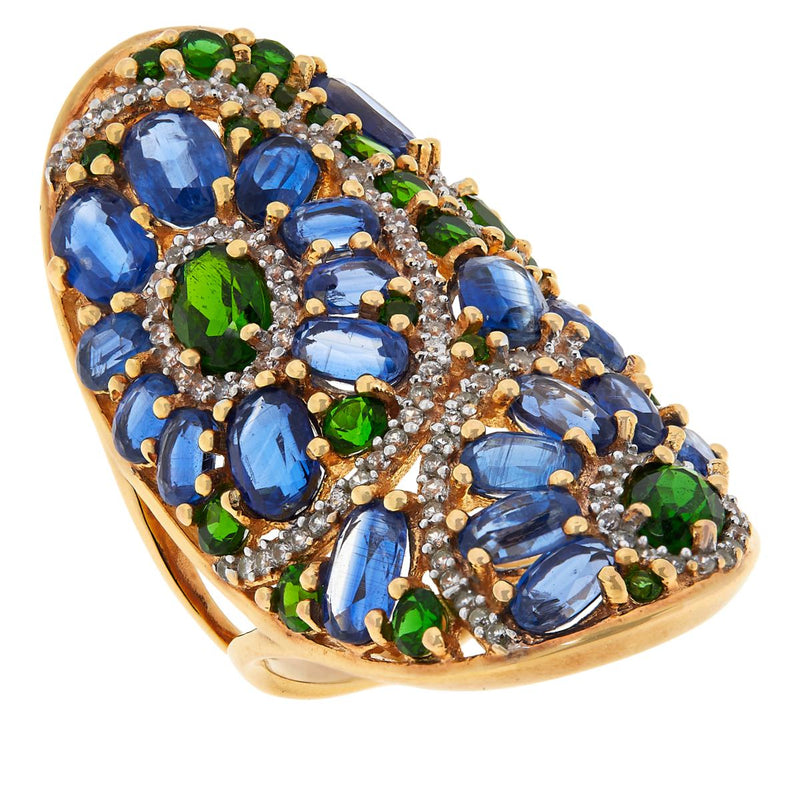 Blue Kyanite & Chrome Diopside Drop Ring Gold Plated Sterling Silver