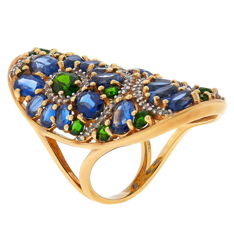 Blue Kyanite & Chrome Diopside Drop Ring Gold Plated Sterling Silver