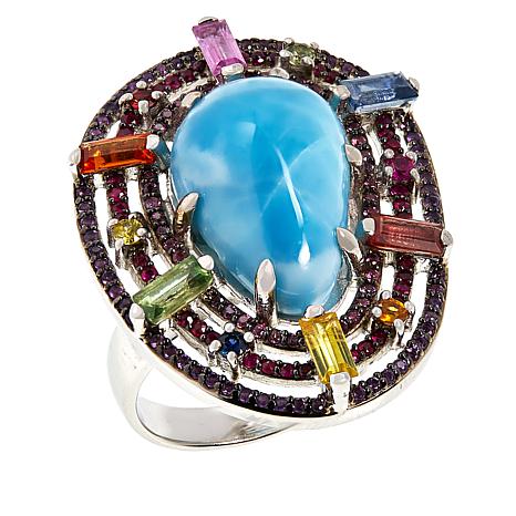 Larimar & Multi Colored Sapphire Gemstones Sterling Silver Ring