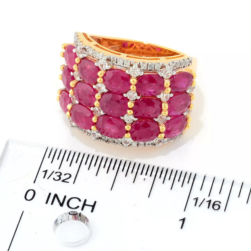 6.86ctw Ruby & White Zircon 3-Row Wide Band Ring