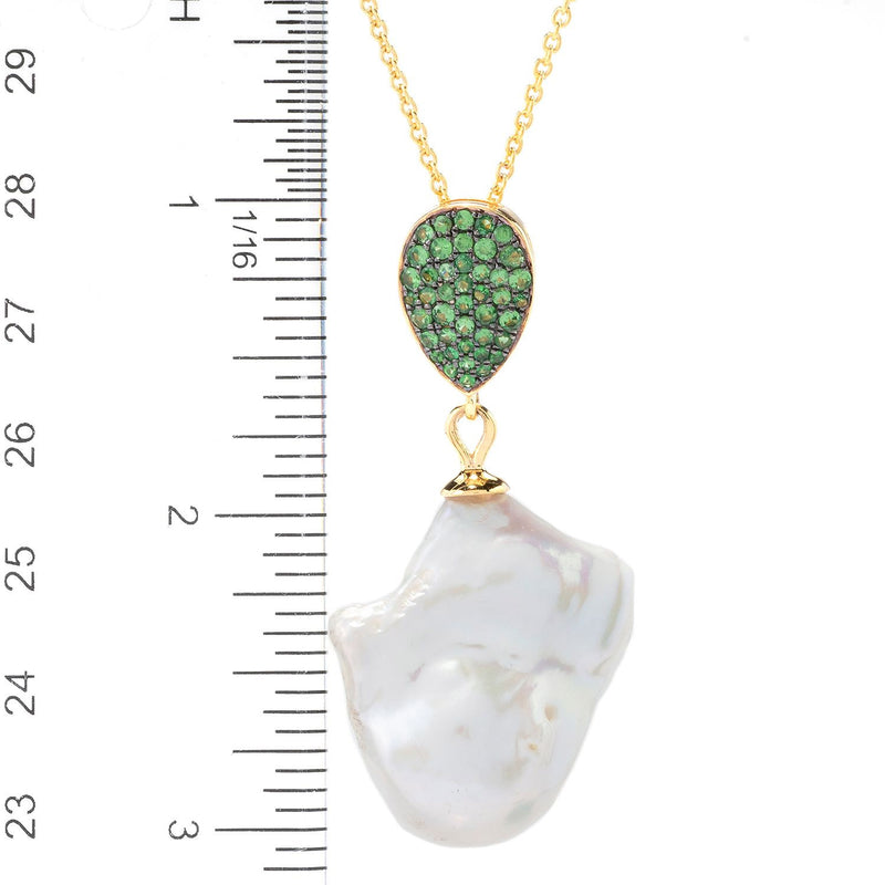Baroque Cultured Pearl & Tsavorite Pendant w/ 15" Chain & 3" Extension Yellow Vermeil Sterling Silver