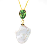 Baroque Cultured Pearl & Tsavorite Pendant w/ 15" Chain & 3" Extension Yellow Vermeil Sterling Silver