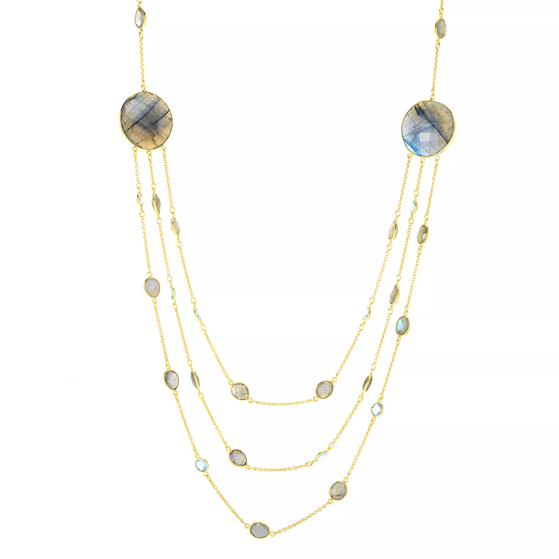 28" Labradorite & Blue Topaz Multi Strand Necklace w/ 2" Extender Gold Plate Sterling Silver