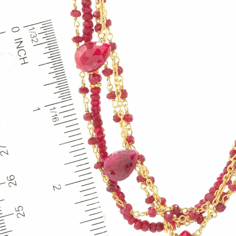 18" Multi Shape Opaque Ruby Multi Strand Gemstone Gold Plated Sterling Silver Necklace